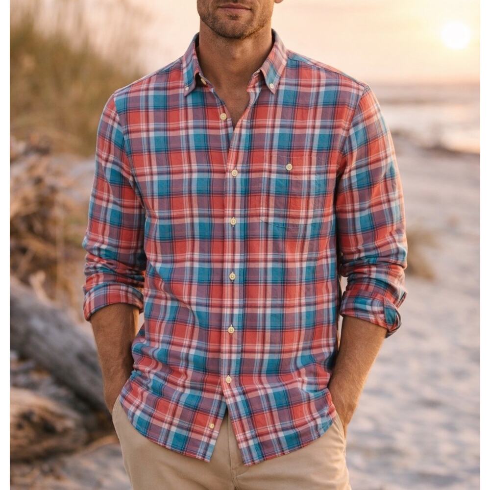 Faherty Shirt Mens XXL Tropical Cotton Plaid Long Sleeve Organic Cotton $158